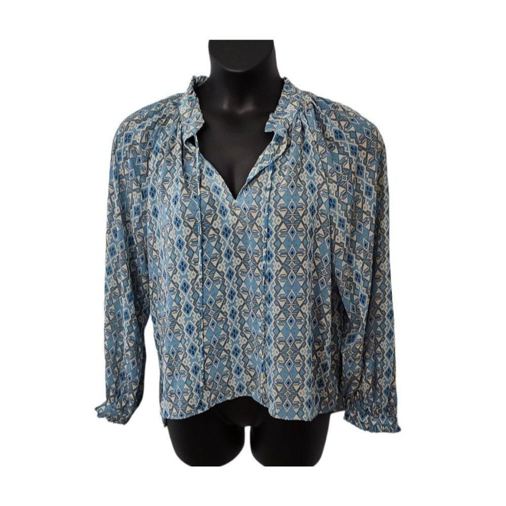 Elan Cera Peasant Tie - Neck Blouse Top Blue Aztec Print - Picture 2 of 6